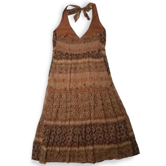 Earthy Brown Patterned Halter Dress Midi Length Smocked Nature Witch Fairy Core - Picture 5 of 9
